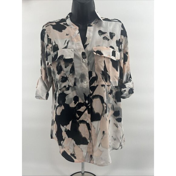 NEW Calvin CK Floral Crepe Chine Split V-Neck Roll-Tab Sleeve Blouse NWT XS CK - Picture 1 of 12